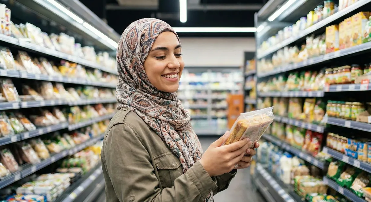Muslim woman shopping at grocery store