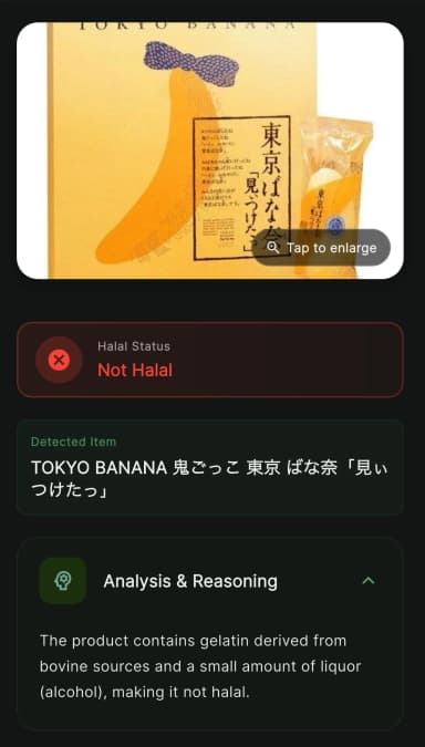 HalalChecker AI product photo scan result showing a Not Halal verdict